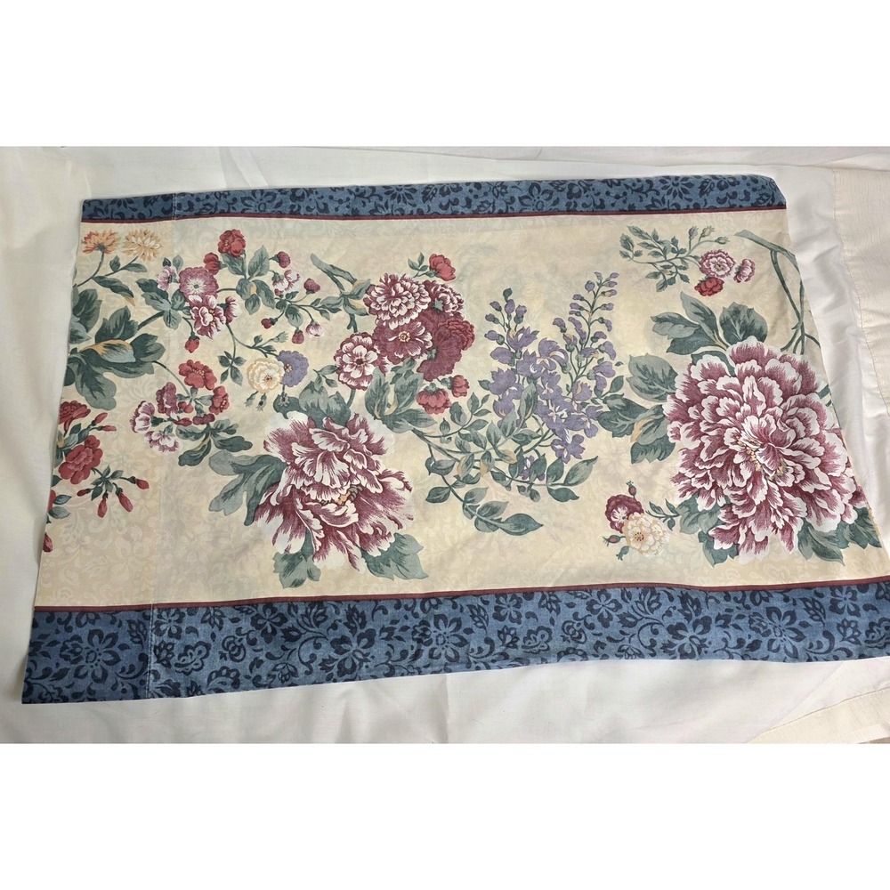 Vtg JCPenney Pillowcase Standard Floral Blue Border Cottage USA Bedding